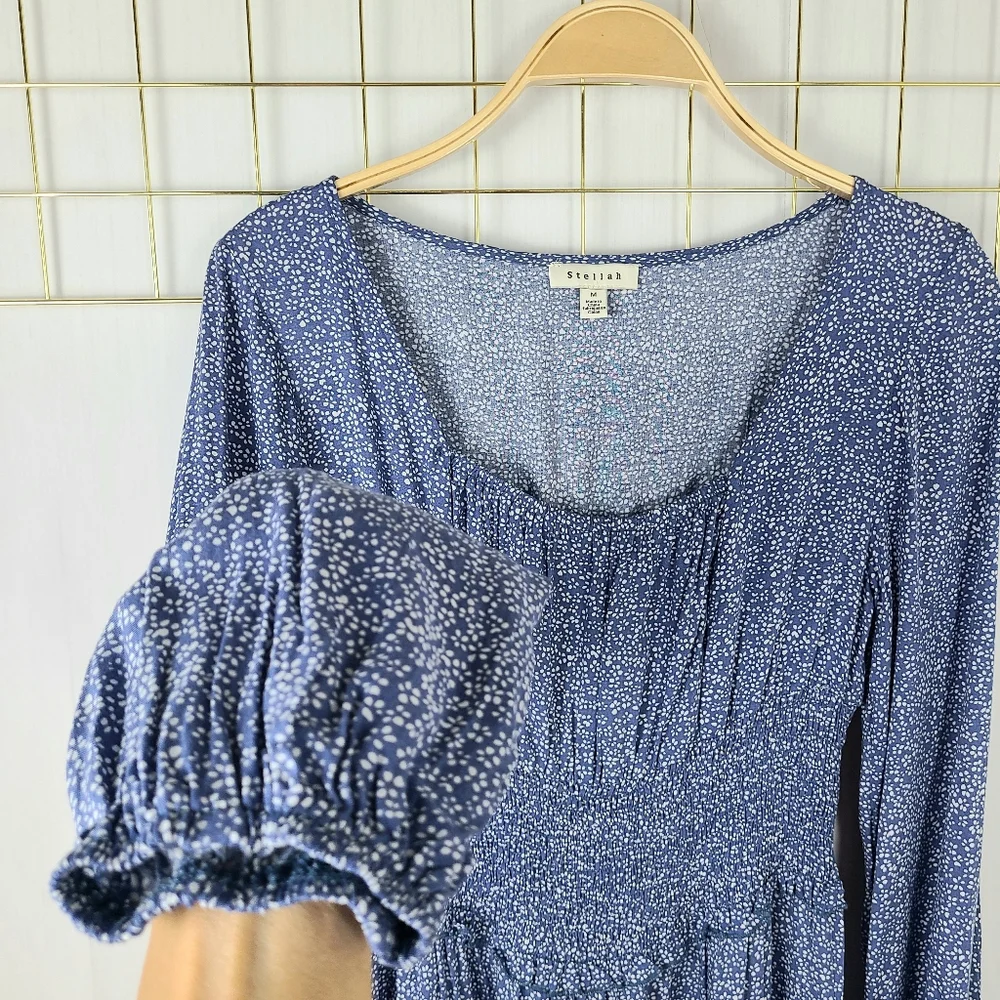 Stellah Blue White Dot Print Smocked Waist Milkmaid Long Sleeve Dress